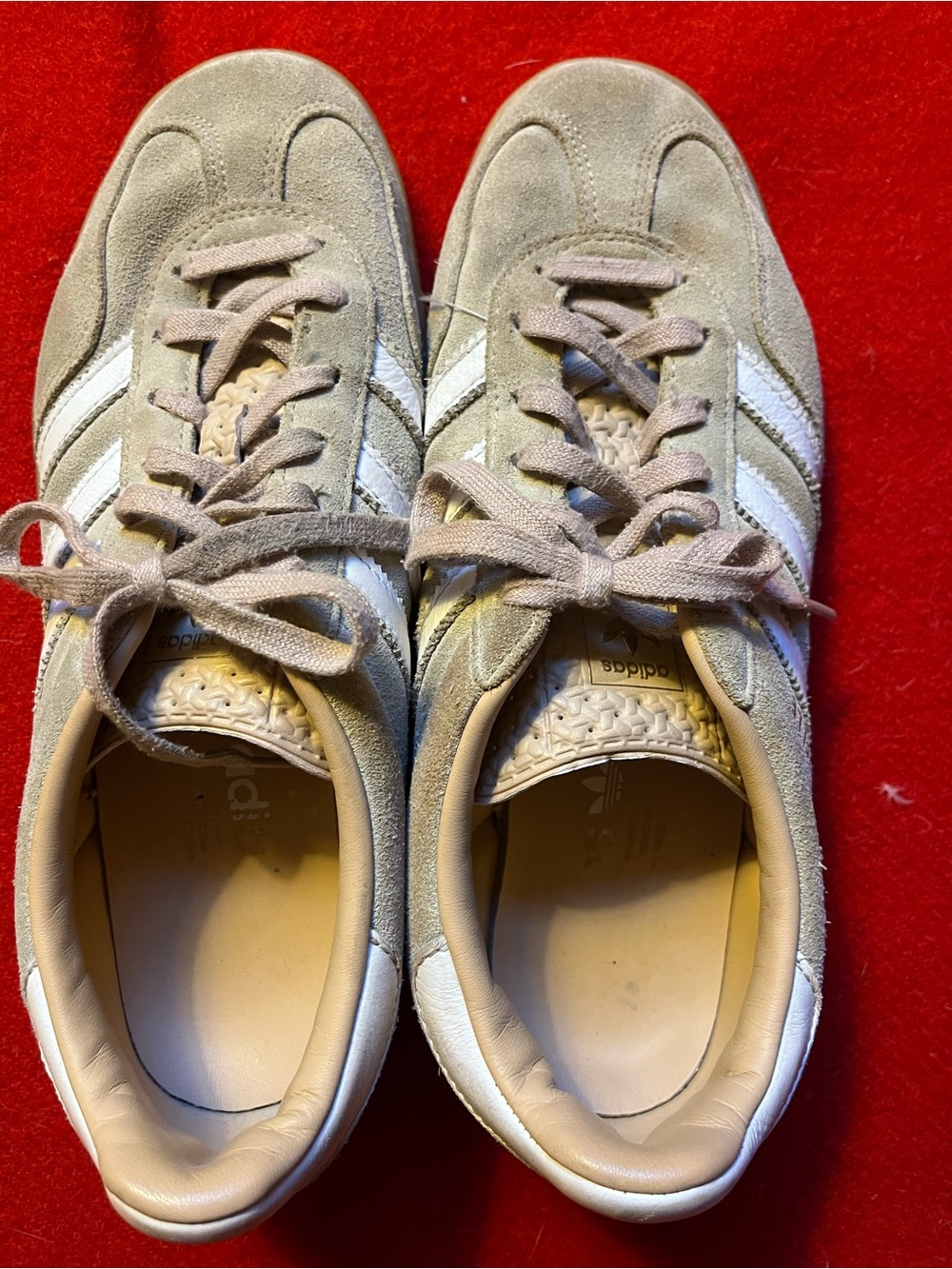 Adidas Beige Gazelle Suede Sneakers with White Stripes, Size 9